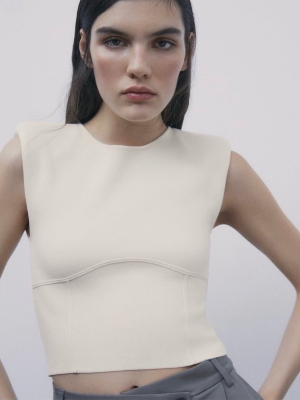 Zara Cream Shoulder Pad Knit Top